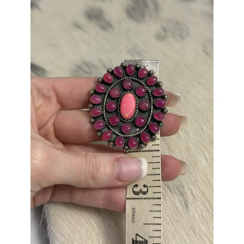 HUGE Sterling Silver Pink Onyx & Pink Fire Opal Flower Cluster Ring 925 Adjust